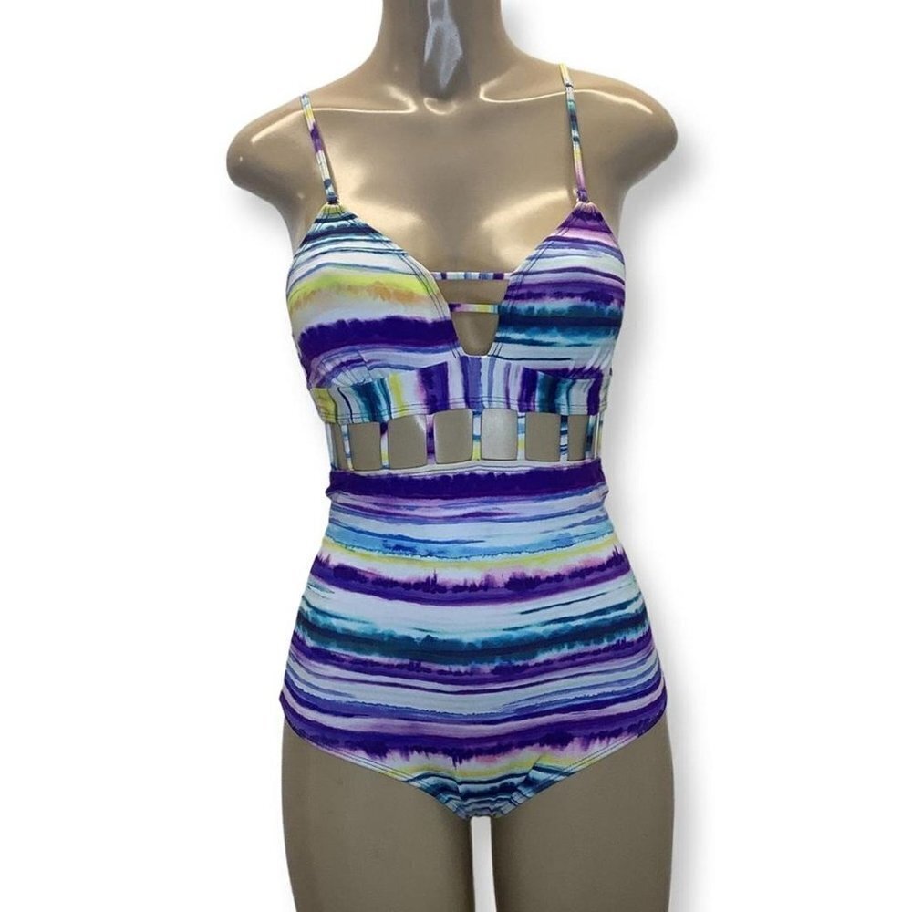 Purple Haze Size Small Striped Tie Dye One Piece Swimsuit. New No Tags.